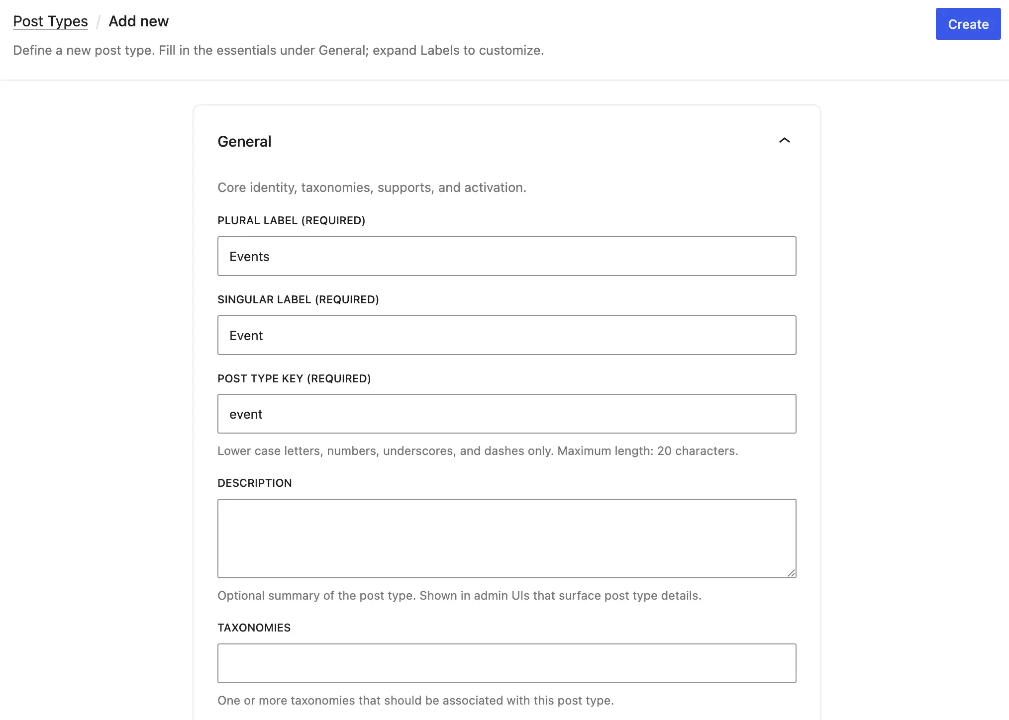 CPT creation screen in recent Gutenberg version